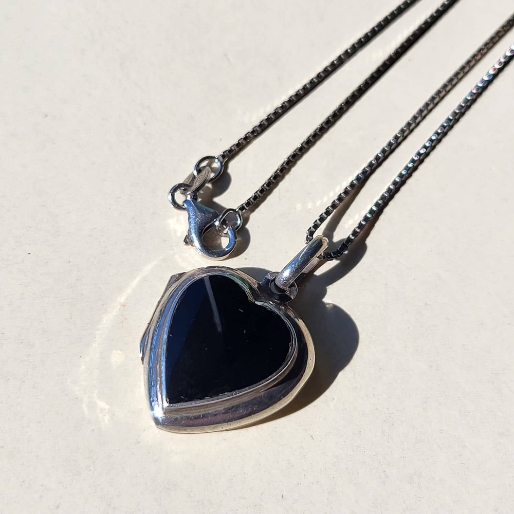 Vintage Sterling Silver Black Onyx Heart Locket Necklace Black Silver